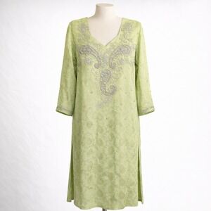 Silk Sequin Paisley Kurti Tunic Dress Size L Lime Green Floral Embellished Lined